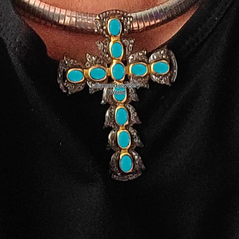 2.90ctw Rose Cut Diamond Turquoise Silver Vintage Stunning Cross Pendant Jewelry