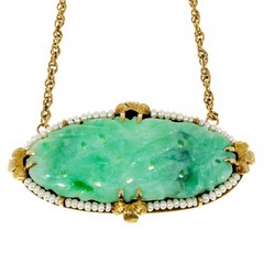 Vintage 1900s Carved Oval Jadeite Jade 56 Natural Pearl 14k Pendant 17 In Chain