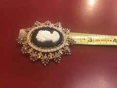 HTF Unique Francois pendant- Brooch Pin cameo-rhinestones-black stone-Signed