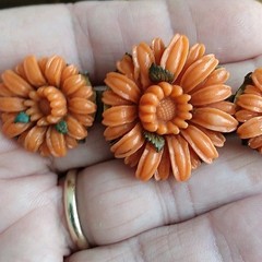 Antique Red / Orange Coral Color Czech Glass Pin / brooch carved chrysanthemum