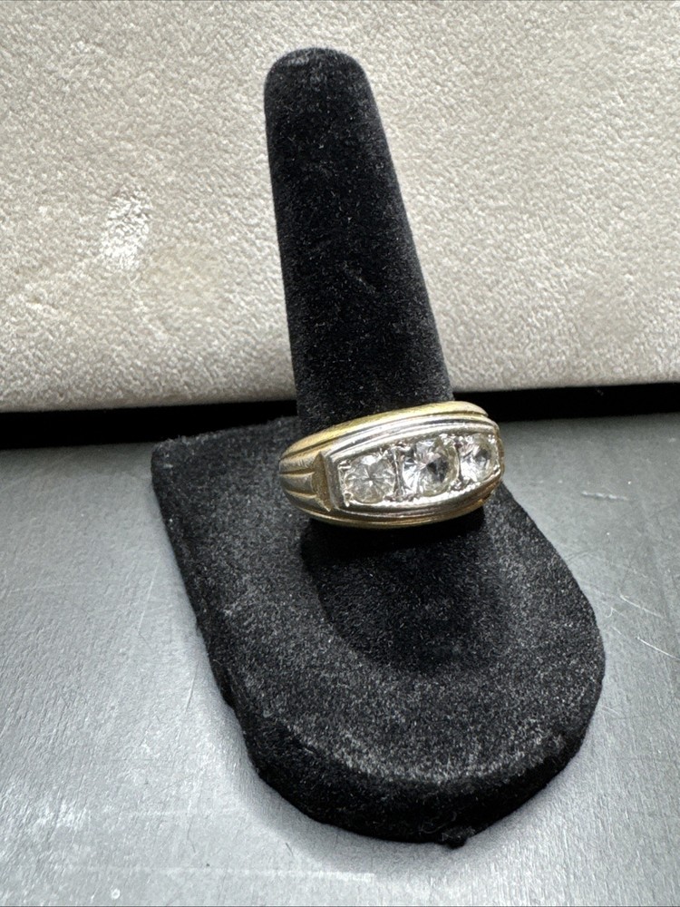 Vintage Uncas 18KT THGF Men’s 3 Stone Ring Size 8 Gold Filled Clear Stones