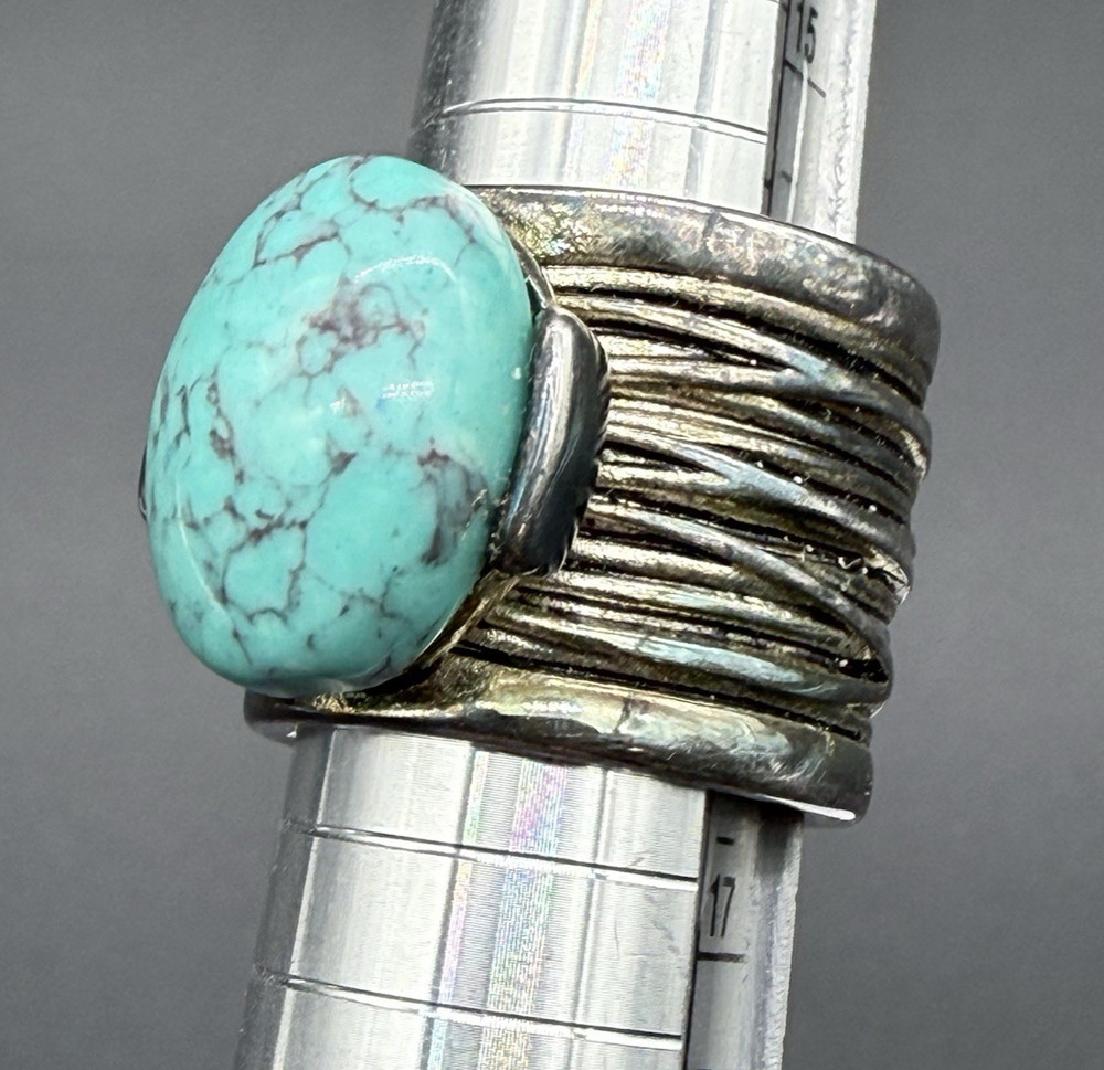 Vtg Silver Tone Faux Turquoise Wide Cigar Band Statement Cocktail Ring Size 5.5