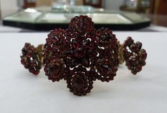 1 5/8″ WIDE ANTIQUE VINTAGE BOHEMIAN GARNET GOLD GILT STERLING SILVER BRACELET