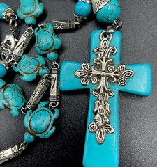 Vintage CHINESE TURQUOISE CROSS Turtles Necklace 20” 70s EUC 🔥!SALE!🔥