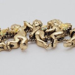 Cherub Angels Iridescent Glitter Wings Gold Tone Vtg Slide Bracelet 7.5 Inch