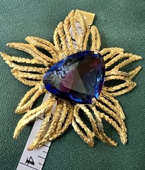RETRO DRAMATIC VINTAGE COSTUME GILT METAL STAR LARGE PURPLE BLUE STONE BROOCH