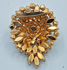 Jet Black & Topaz Orange Rhinestone Domed Brooch Gold Tone D&E? Style 2.25″