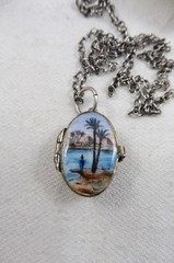 Deco Silver Gilt 800 Egyptian Revival Enamel Moses Basket Locket Pendant 1920s