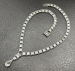 Vintage Art Deco Open Back Crystal Tennis Necklace Silver Tone Y Drop Choker