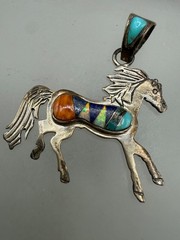 STERLING SILVER LAPIS OPAL TURQUOISE INLAY HORSE SOUTHWESTERN STYLE PENDANT