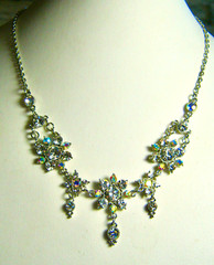Sparkly VCLM Clear Rhinestone & Aurora Borealis Necklace 16″ & 4″ Silvertone