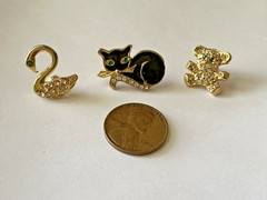 Assorted Animal Gold Toned Pins (Swan, Black Cat, Teddy Bear)