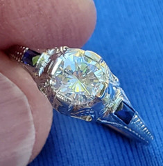 Original EARTH MINED DIAMOND Deco Engagement Ring Vintage Sapphire Solitaire 14K