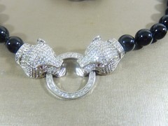 VTG 2 PANTHER HEAD KNOTTED BLACK ONYX WHITE SPINEL RUBY RHODIUM PLATED NECKLACE