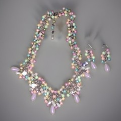 Unusual VTG Faux Pearl Pink Blue Pastels Runway Festoon Necklace And Earrings