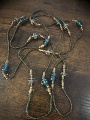 Vintage 56″ Teal & Amber Art Glass Lampwork Bead Long Strand Flapper Necklace