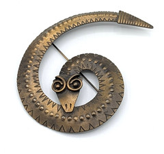 Vintage JJ Jonette Coiled Snake Brooch Brass Tone Animal Statement Pin Serpent