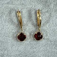 14K Garnet Drop Earrings, Yellow Gold Dangle, Bezel Set Natural Stones, Estate