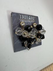 Trifari Vintage Cluster Earrings Black Clear Faceted Bead Surgical Steel Post