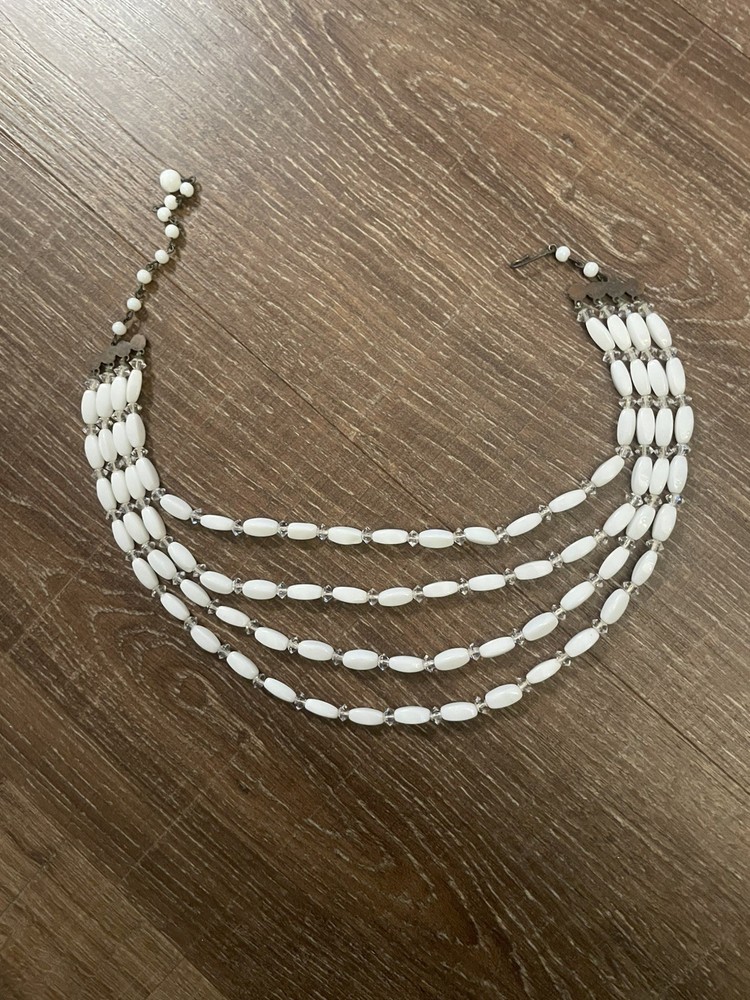 Vintage 5 Strand Tubular Milk Glass & Aurora Borealis Crystal Glass Bead Necklac