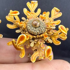 Vintage Enamel Brooch Clip on Earrings Set Flower Fall Acorn Tree Autumn