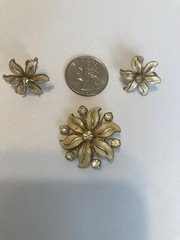Vtg Enamel Flower Brooch and Screw Back Earrings Rhinestone Set -READ see pics