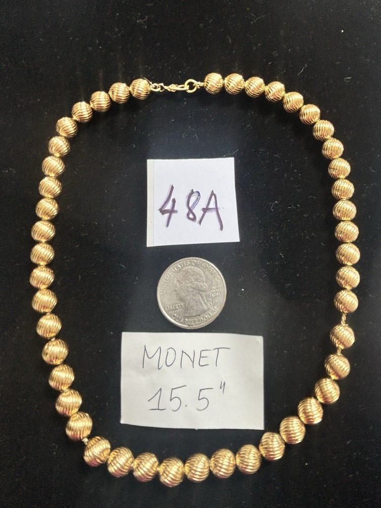 Vtg Signed MONET Brushed Gold Tone Ball Metal Beads Necklace Choker 15.5 Inches