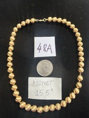 Vtg Signed MONET Brushed Gold Tone Ball Metal Beads Necklace Choker 15.5 Inches