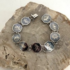 VTG Siam Sterling Silver 925 Niello Black Enamel Panel Bracelet 6.75″