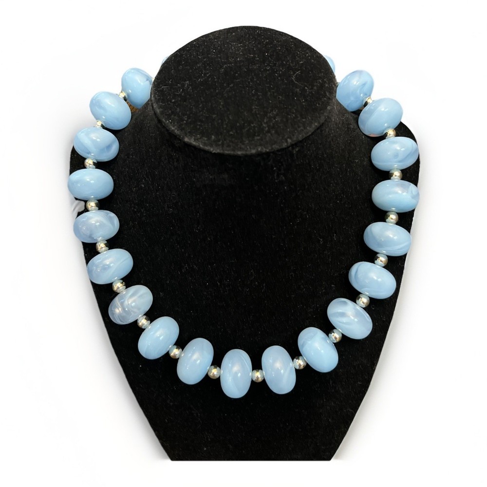 Geniune Lucite Necklace Chunky Collar Pale Blue Silver Tone Made In Hong Kong