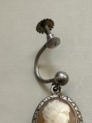 Antique 800 Silver Cameo Pendant Necklace W/Clip On Earrings & Brooch Pendant 2″