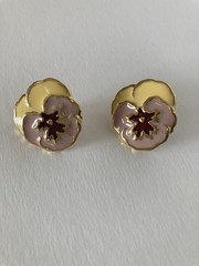 Vintage Pansy Flower Pierced Earrings With Yellow, Lavender & Mauve Enamel