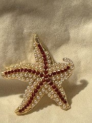 Starfish Brooch Pendant Pink Rhinestone Faux Pearl Gold Tone Nautical Pin Ocean