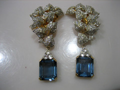 RARE JOMAZ JOSEPH MAZER BLUE & PAVE RHINESTONE LEAF 1950’S BROOCH & EARRINGS SET