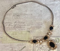 Vintage Necklace Brooch Bracelet 4 Piece Lot Black Rhinestones 60s – 90s