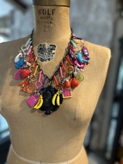 Vintage 80s Bell Clip Charms On Plastic Cameo Necklace Chain Black Nice Lot Rare