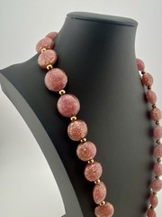 VTG MCM Handblown 24K Aventurine Pink Venetian Art Glass Beaded Necklace, Italy.