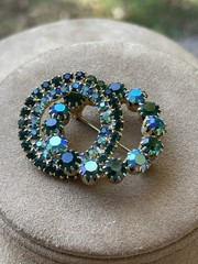 Vintage AB Green Blue Crystals Rhinestones Brooch 2 Circles Wreaths