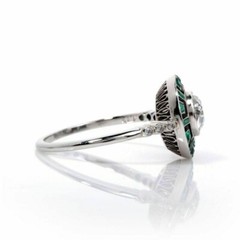Art Deco Lab-Created Diamond & Emerald With Enamel Engagement 925 Silver Ring