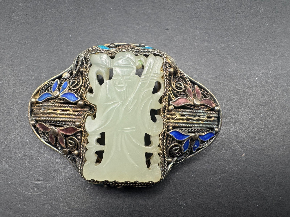 Antique Silver Cloisonne Carved Green Jade Pin/Brooch
