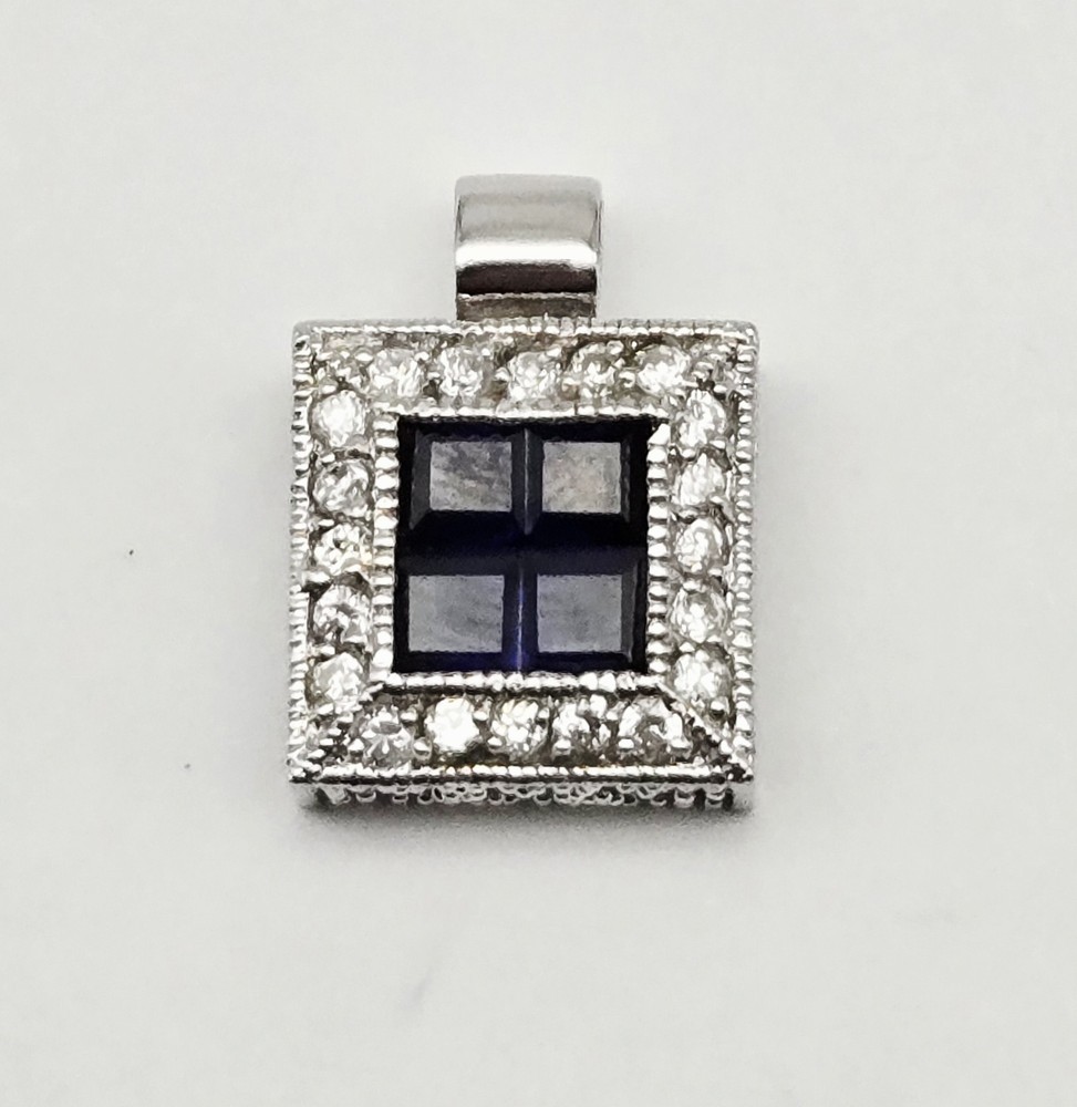 Sterling Silver FAS 925 Pendant – Square Blue Sapphire Glass & CZ Halo – 4.1g
