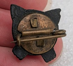 Antique Victorian Black Jet Cat Face Red Rhinestone Eyes Mourning Brooch / Pin