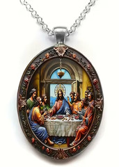 1 Piece Vintage Style Last Supper Oval Glass Pendant Necklace White Gold Plated