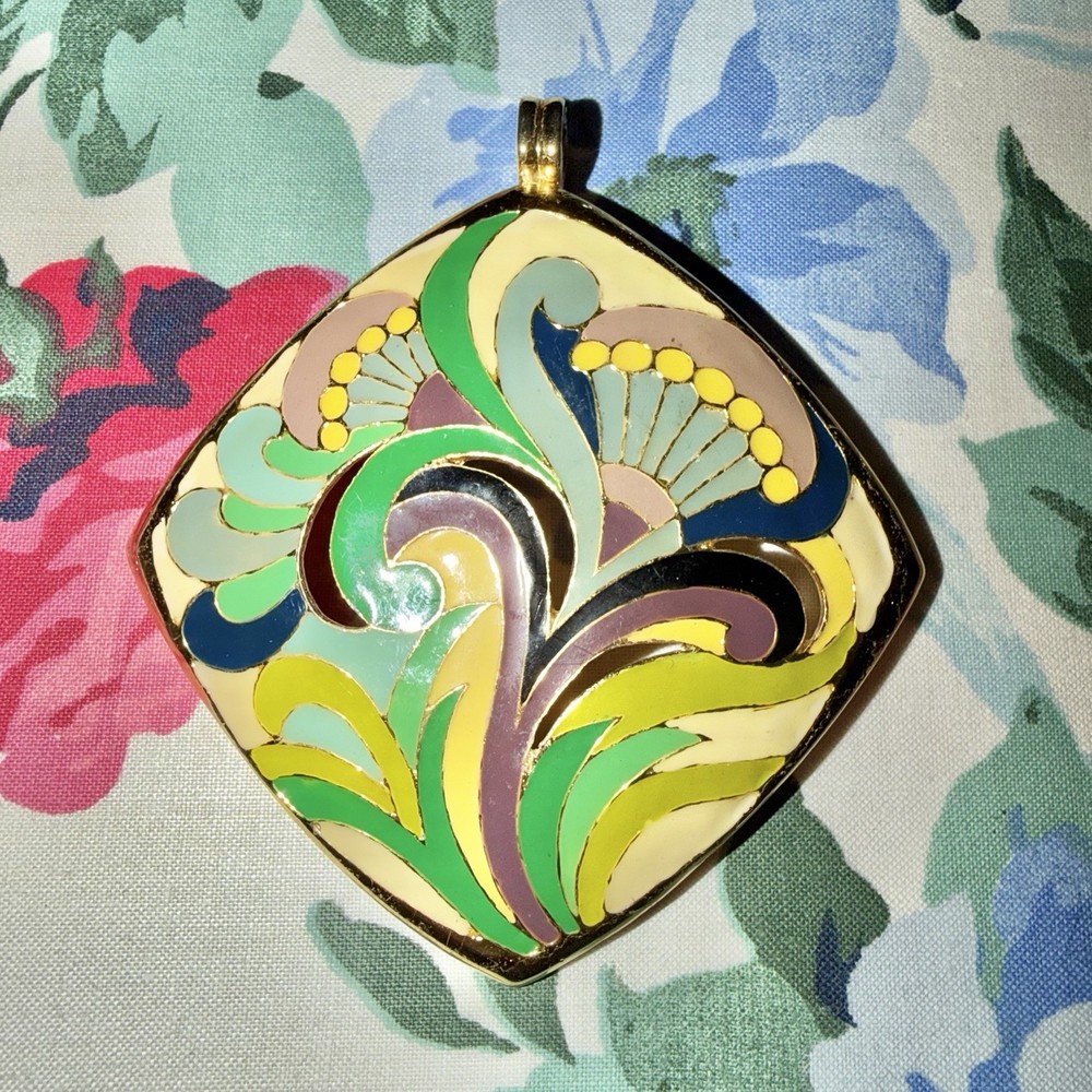 Vintage LANVIN Paris Enamel Pendant 1970s Large Gold Tone Abstract Signed
