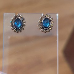 1925 Earrings Art Deco Art Nouveau Blue Rhinestone Crystal Round Post Bronze