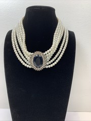 RDC Vintage Faux Pearl Blue Stone Pendant Choker Necklace Costume Jewelry