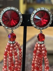 Vintage Super Long Dangle Drop Red Crystal Rivoli Pink Pearl Clip On Earrings