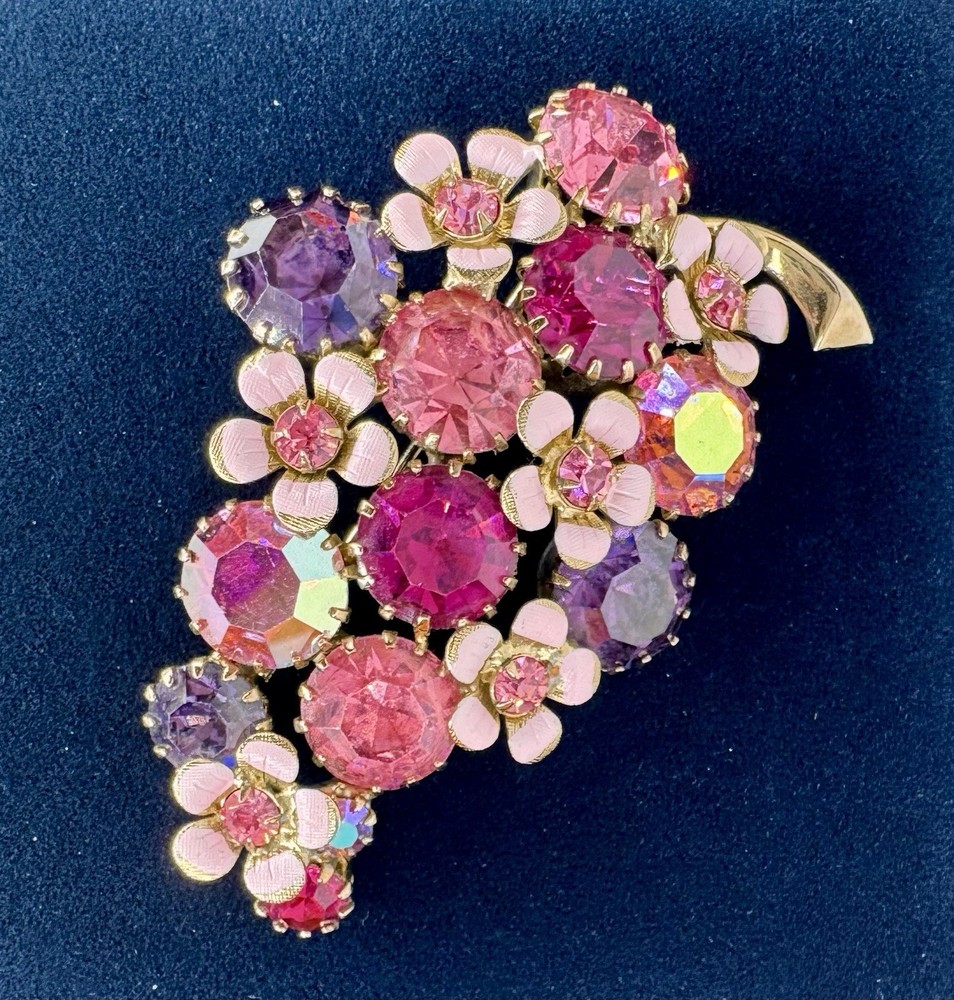VTG Signed WEISS Pink Purple AB Rhinestone GrapeCluster Enamel Floral Brooch MCM