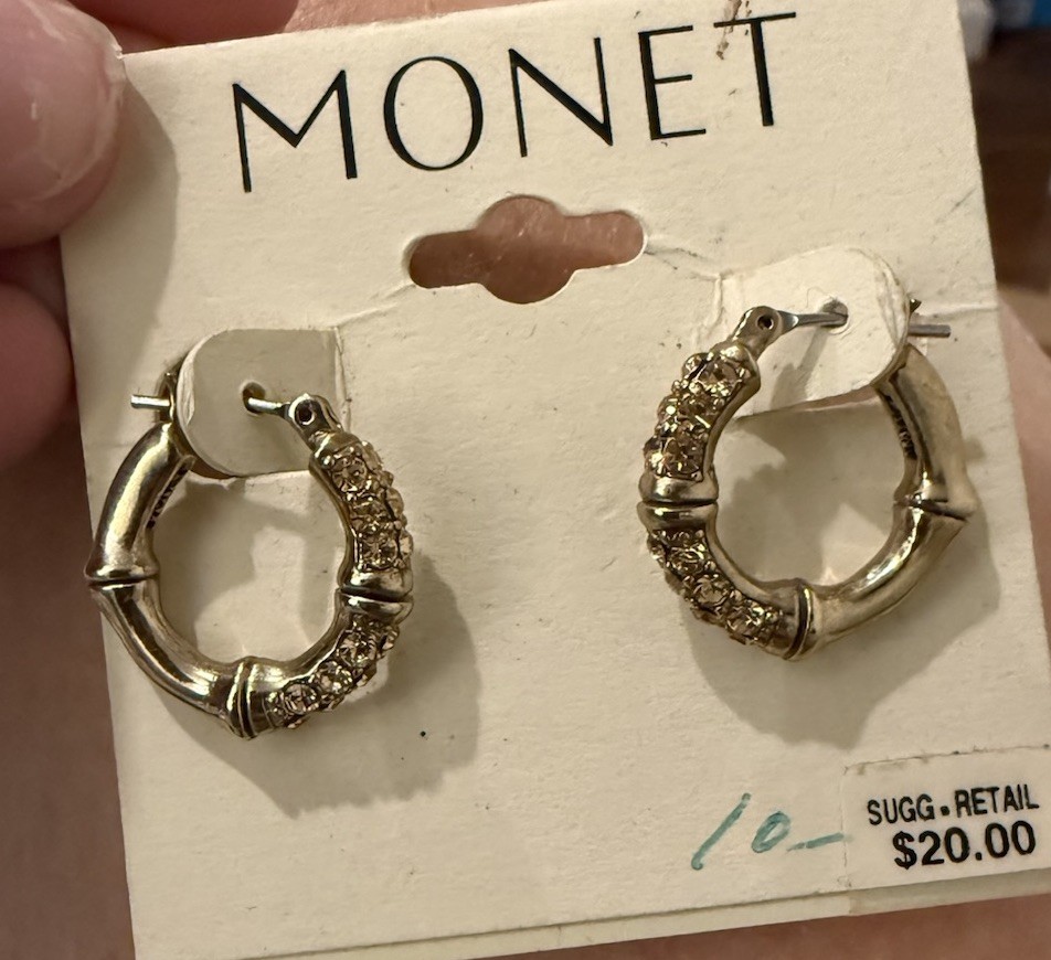 Vintage Monet Signed Gold Bamboo Hoop Earrings with Stones Pierced