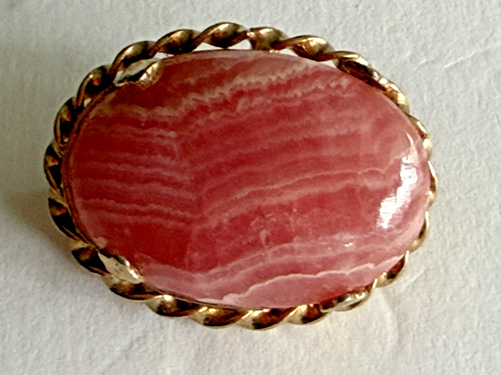 Vintage Gold Filled Brooch & Oval Pink Rhodochrosite Stone 1″ Long